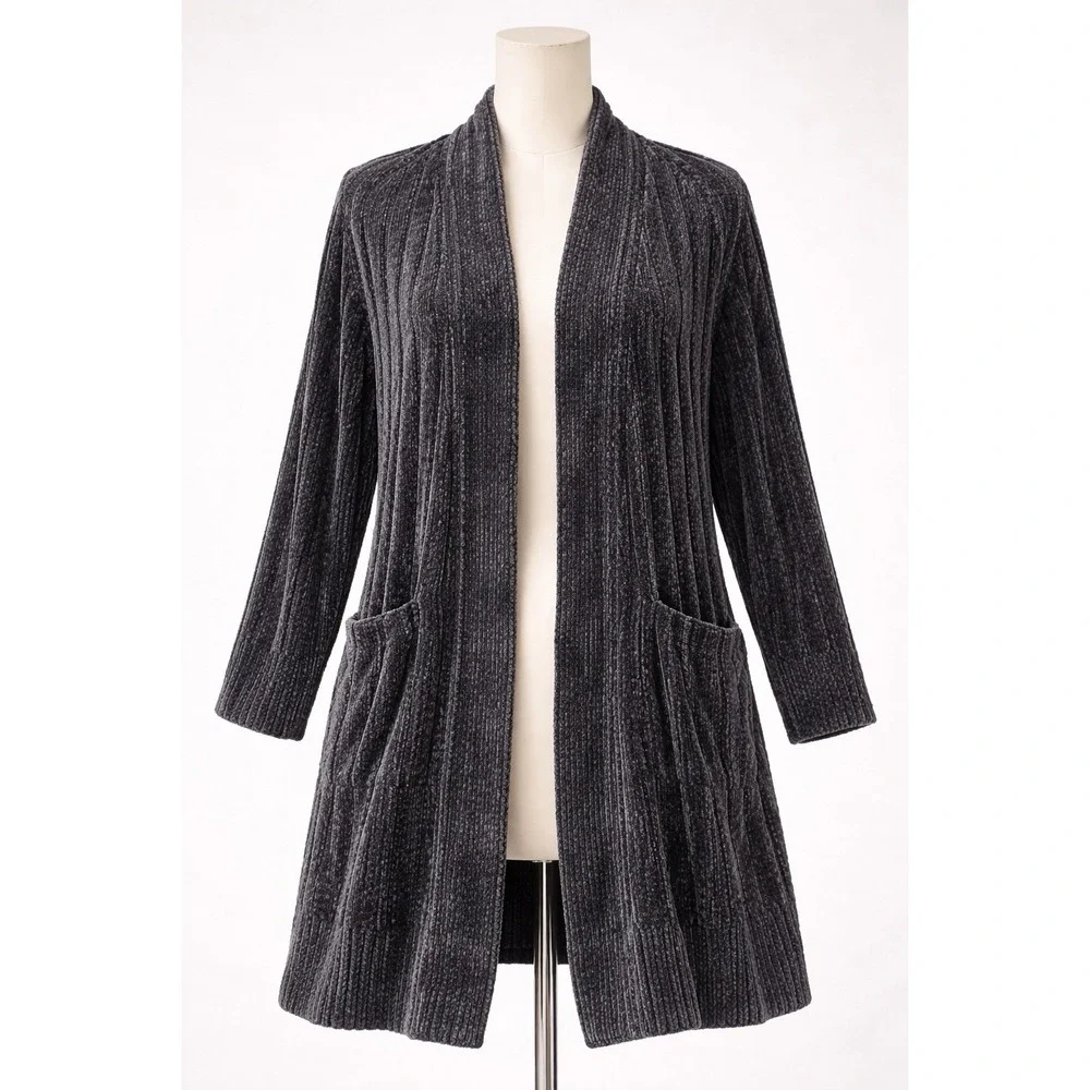 Gianni Bini Gray‎ Chenille Ribbed Open Front Longline Cardigan Sweater Small